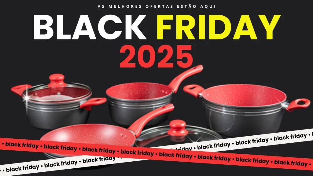 Conjunto completo de panelas RedSilver antiaderentes com tampa de vidro e design vermelho metálico em oferta Black Friday