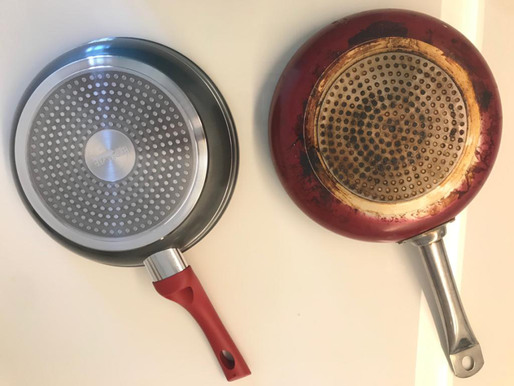 EXCLUSIVO: NOVA PANEA SUPER ANTIADERENTE VIRA FEBRE NO BRASIL! 5 Fundo RedSilver x fundo da concorrente após uso em alta temperatura. Foto: Reprodução