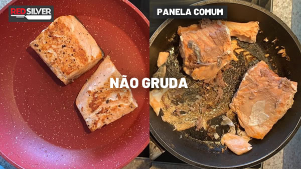 EXCLUSIVO: NOVA PANEA SUPER ANTIADERENTE VIRA FEBRE NO BRASIL! 4 Teste do salmão entre a RedSilver e uma panela comum Foto: Reprodução