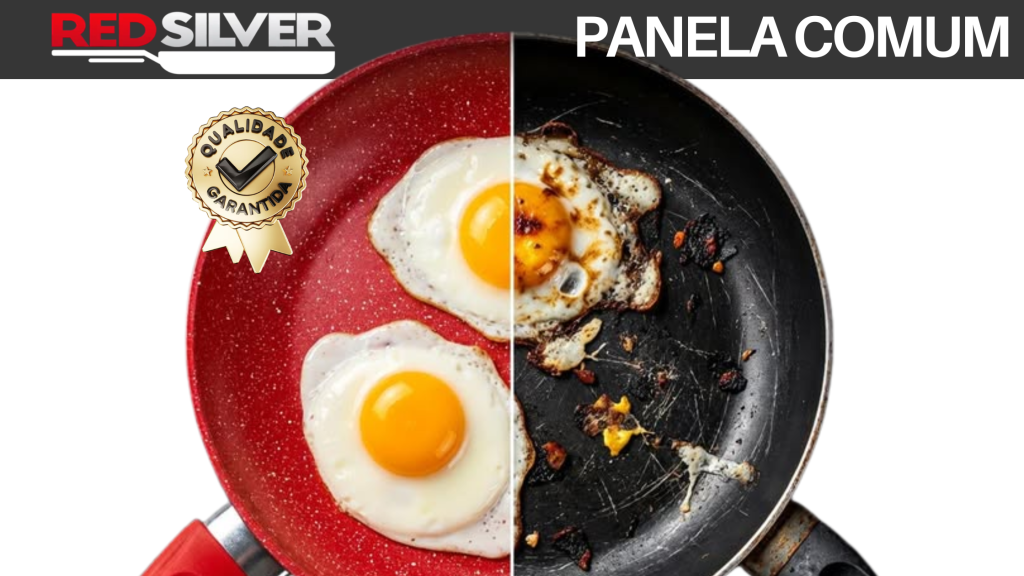 Comparação de frigideiras: à esquerda, panela Red Silver vermelha antiaderente com dois ovos fritos perfeitos e selo de Qualidade Garantida. À direita, panela comum preta com ovos queimados e grudados, demonstrando a diferença de performance.