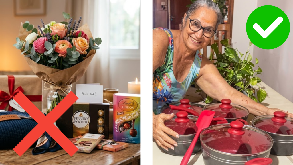 Comparação de presentes para o Dia das Mães: do lado esquerdo, buquê de flores, chocolates Ferrero Rocher e Lindt com um grande X vermelho indicando que não é a melhor opção. Do lado direito, uma senhora idosa sorridente e feliz segurando um jogo de panelas vermelhas antiaderentes com um grande visto verde, indicando a melhor escolha de presente.