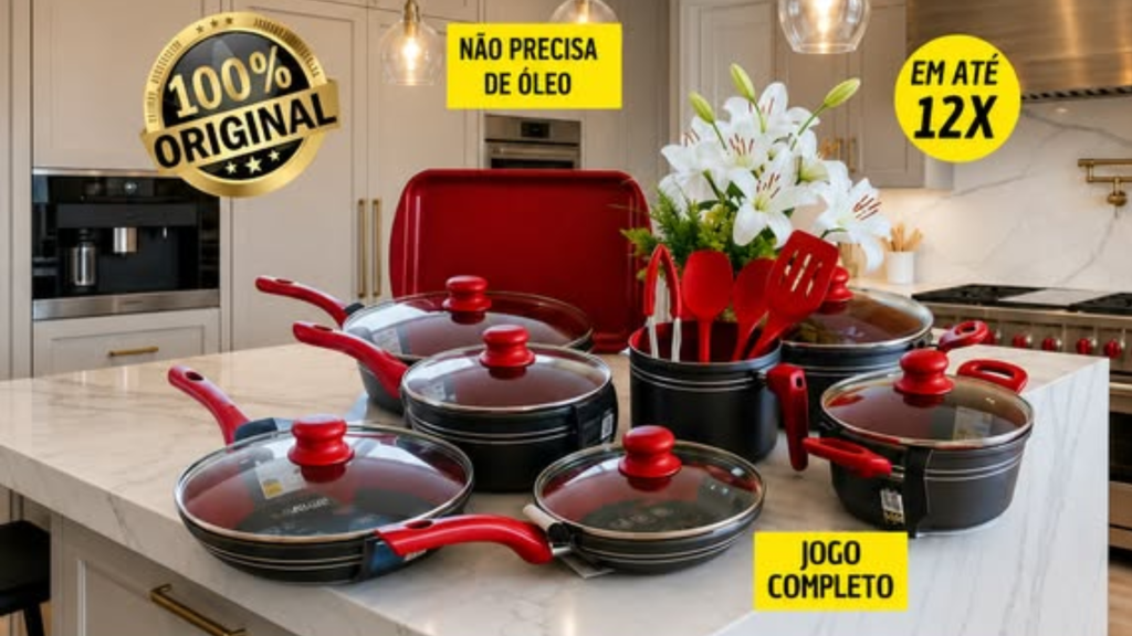 Jogo completo de panelas antiaderente 100% original com tampas de vidro e cabos vermelhos. Não precisa de óleo. Disponível em até 12x.