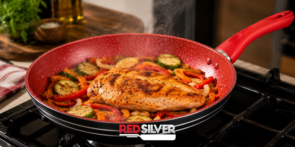 RedSilver é boa? Panelas RedSilverfuncionam e valem a pena? 4 Frigideira vermelha RedSilver sobre o fogão com frango grelhado e legumes (abobrinha,
pimentões e cebola), mostrando o acabamento marmorizado