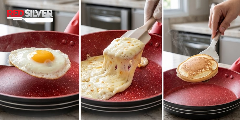 RedSilver é boa? Panelas RedSilverfuncionam e valem a pena? 3 Sequência de três cenas: ovo frito soltando fácil da frigideira, queijo derretido sendo
levantado com espátula e panqueca dourada sendo virada.