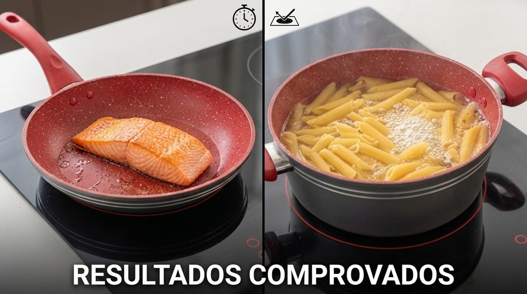 Panela RedSilver Funciona em Indução? Testamos na Prática! 3 Jogo de panelas RedSilver vermelhas com tampa de vidro temperado organizadas sobre um fogão de indução.